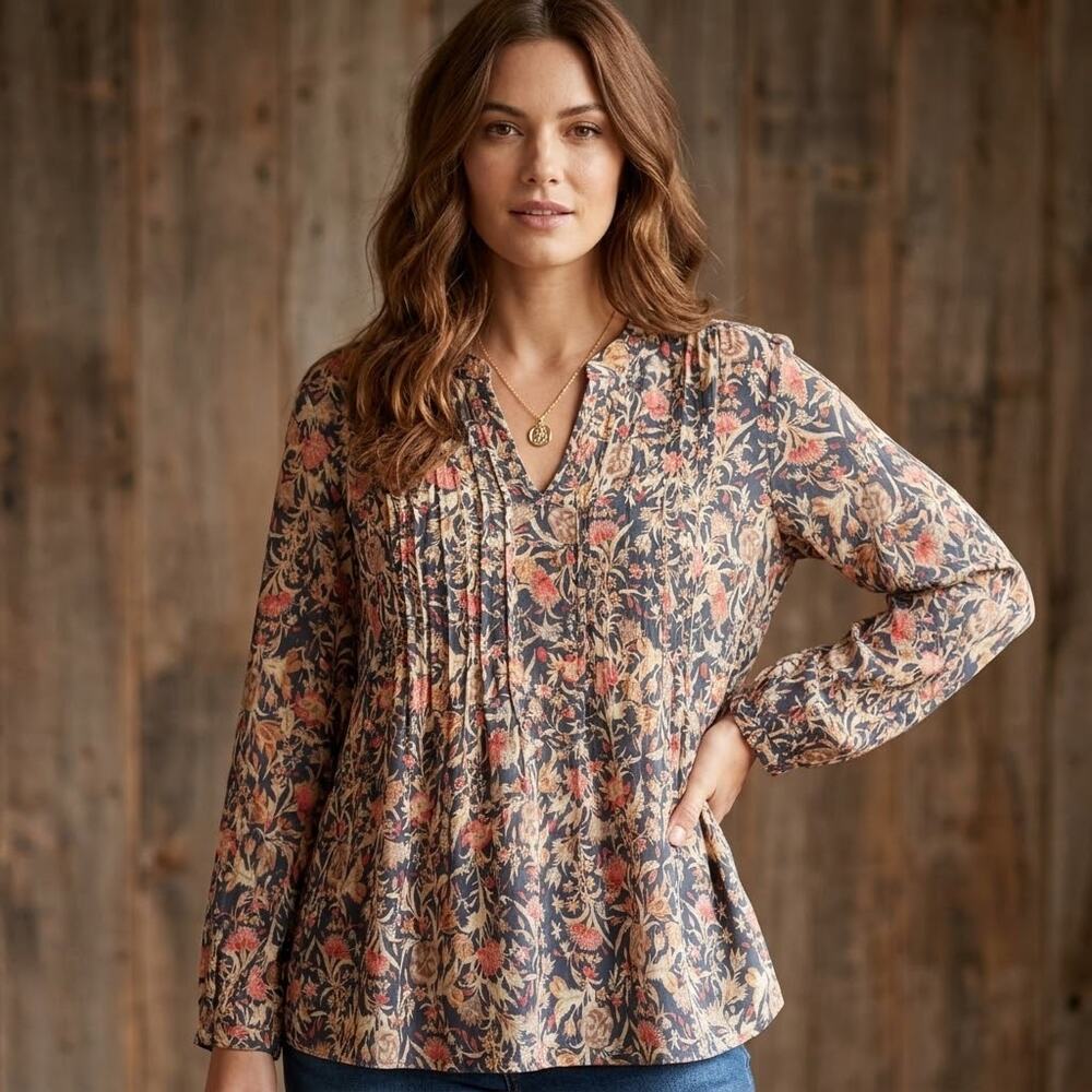 Peruvian Connection Serenity Brown Floral Modal Boho Pleating Pullover Blouse S